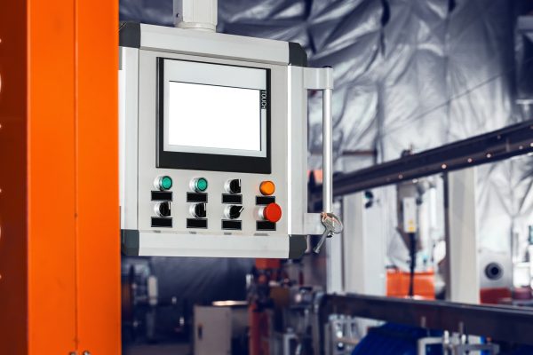 Close up of control panel in industrial production factory building